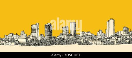 A city skyline is drawn in black and white on a yellow background. The buildings are tall and the sky is clear Stock Vector