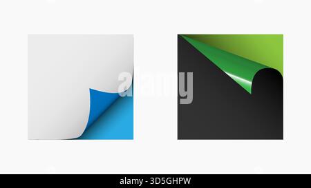 Stylish page curl effect with smooth shadows and gradient colors, showcasing white, blue, black and green backgrounds for design and presentation use Stock Vector