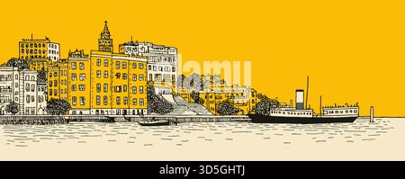 A city with a yellow background and a boat in the water. The boat is small and is in the middle of the water Stock Vector