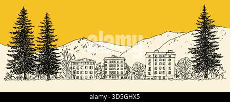 A drawing of a mountain with a city in the distance. The city is made up of several buildings, including a large one Stock Vector