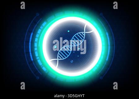 Abstract glowing DNA helix inside futuristic neon circle, symbolizing genetic science and biotechnology innovation, vector illustration Stock Vector