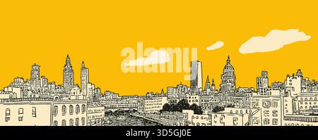 A cityscape with a yellow background and buildings in the foreground. The buildings are tall and the sky is cloudy Stock Vector