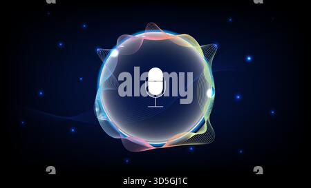 Modern microphone icon inside a glowing circular frame with vibrant sound waves on a dark digital background, vector illustration Stock Vector