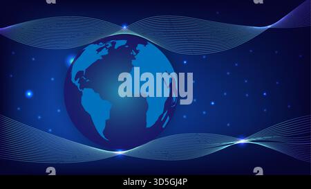 Abstract digital Earth with glowing blue wave lines and light particles, representing global connectivity, technology and modern communication, vector Stock Vector