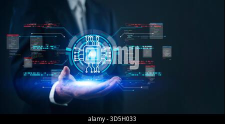 Businessman presenting holographic AI chip, innovation and advanced technology. application of artificial intelligence in processing big data and driv Stock Photo