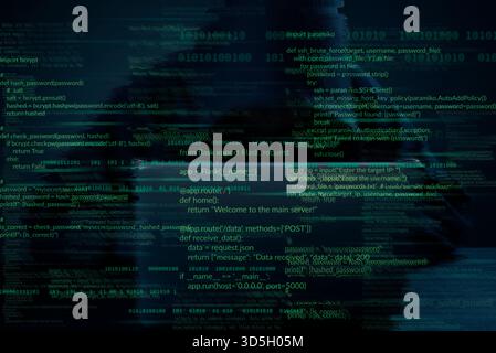 Abstract computer code on dark screen, programming language, software development, data encryption, digital background, big data analysis, internet se Stock Photo