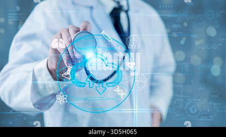 Doctor holding stethoscope near virtual cloud with medical icons. Digital healthcare, online health data storage. Cloud computing in medicine, medical Stock Photo