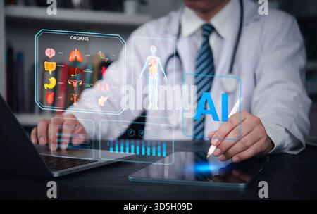 Digital health concept with professional doctor using AI technology and laptop for analysis, modern healthcare future innovation. Artificial intellige Stock Photo