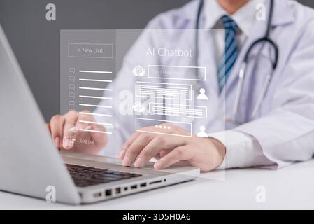 doctor using a laptop and an AI Chatbot for medical purposes. AI technology in healthcare, online medical consultation, and telemedicine. Medical tech Stock Photo