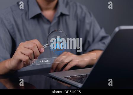 AI search with a magnifying glass laptop, data analysis and smart information. artificial intelligence, machine learning, and future technology. Conce Stock Photo