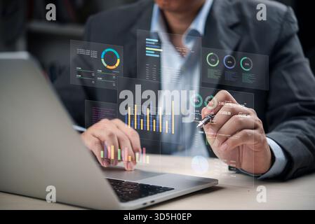 Businessman financial analysis, data management, market growth. Business solution technology investment strategy. Digital transformation corporate ana Stock Photo