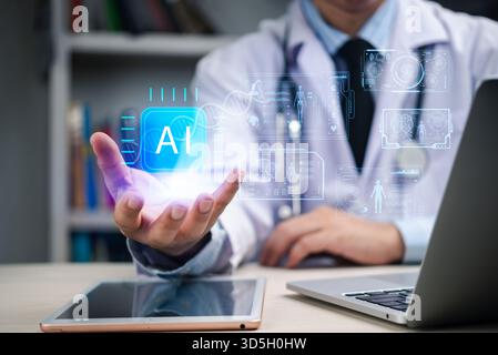 doctor holding an AI icon above their hand with digital health data and medical information displayed, showcasing the integration of artificial intell Stock Photo