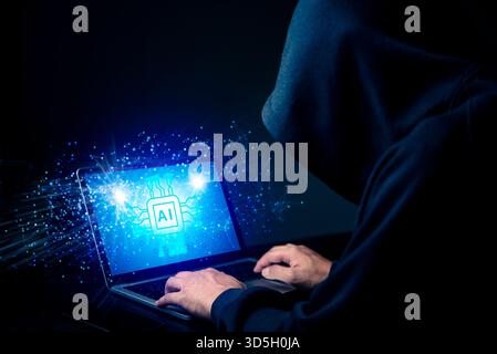 AI and cybercrime, threat digital. Hacker accessing artificial intelligence system, malware. Man using computer, dark web, online security, phishing, Stock Photo