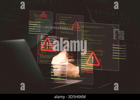 Cybersecurity threat, person behind laptop, virtual data interface, warning signs, computer virus, phishing scam, data theft, dark web, internet crime Stock Photo