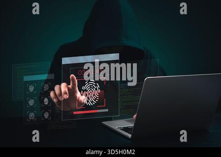 Hacking Cybercrime Security breach fingerprint recognition software scanning technology laptop. cybersecurity threats and illegal access. Data Cyber P Stock Photo