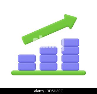 Growing bar chart with purple bars and green upward arrow. Financial growth, data analysis, increasing progress, business performance and statistics c Stock Vector