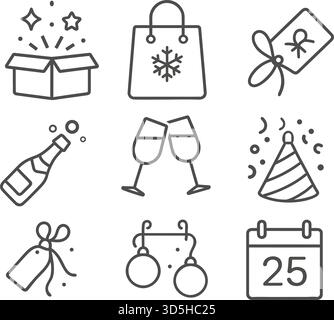Minimal outline Christmas and New Year celebration icon set featuring gifts, drinks, party and decor Stock Vector