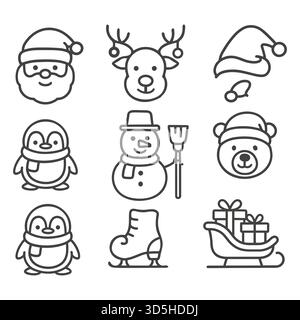 Cute Christmas character outline icon set with santa penguin snowman reindeer and sleigh Stock Vector