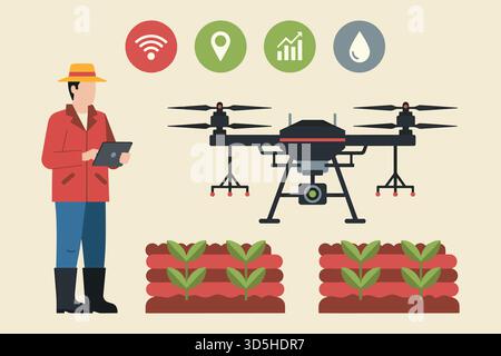 Precision Agriculture with Drone Technology for Crop Monitoring and Data Analysis Stock Vector