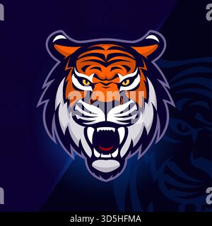 A flat cartoon-style tiger head logo design representing technology concept. Isolated and suitable for web pages, banners, flyers, stickers, and cards Stock Vector