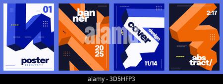 Abstract 3D Geometric Poster Set with Isometric Bold Shapes and Modern Typography Design. Creative Cover or Poster Template Design Stock Vector