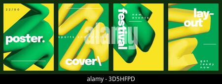 Trendy Abstract and Minimalist Poster Set with 3D Bold Green and Yellow Shapes. Creative Cover or Poster Template Design Stock Vector