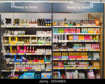 Ready made, premixed drinks, spirits and ready to drink cocktails and small wine bottles on sale at Tesco supermarket, UK. Theme: RTD beverages Stock Photo