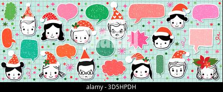 Cute vector faces with Santa hats and doodle speech bubbles in red, green and pink for Christmas designs for banners and social media Stock Vector