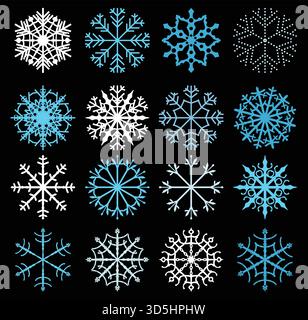 Cute vector snowflakes in blue and white color on dark background for Christmas and winter designs Stock Vector