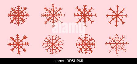 Hand painted doodle vector snowflakes on pink background for Christmas holiday designs Stock Vector