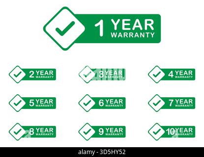 Green warranty labels set 1 to 10 years with a check mark, vector guarantee stickers for product quality assurance Stock Vector