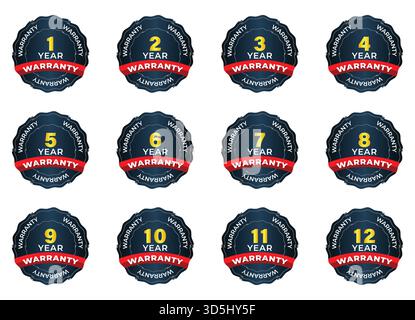 Set of black and red warranty badges ranging from 1 to 12 years, vector stamps with ribbons and stars isolated on a white background Stock Vector