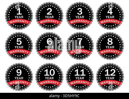 Set of black and red warranty badges ranging from 1 to 12 years, vector stamps with ribbons and stars isolated on white background for product guarant Stock Vector