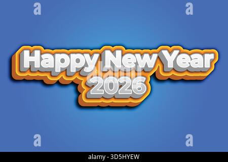 3D Happy New Year 2026 text design with bold yellow outline on blue background, creative holiday typography illustration Stock Vector