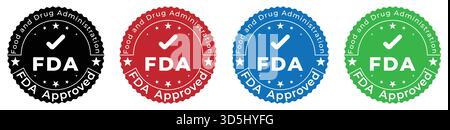 Set of FDA-approved circular badges in black red blue and green, vector food and drug administration quality stamps Stock Vector