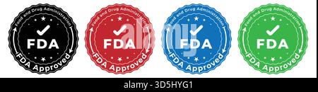 Set of FDA-approved circular stamps in black red blue and green, vector food and drug administration quality badges Stock Vector