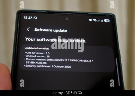 Cairo, Egypt, November 10 2025: Your software is up to date screen, on a Samsung Galaxy S series ultra flagship phone, with One UI version 8.0, Androi Stock Photo