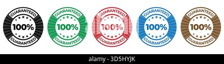 Set of 100% Guaranteed circular stamps in five colors, vector quality assurance badges with stars and sunburst design Stock Vector