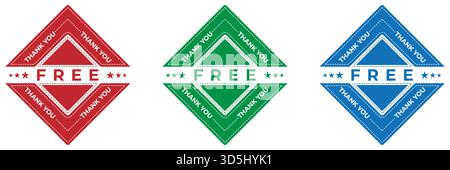 Set of red green and blue diamond FREE stamps with Thank You text, vector sale badges isolated on white background Stock Vector