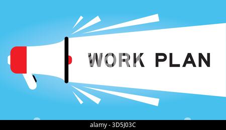 Color megaphone icon with word work plan in white banner on blue background Stock Vector