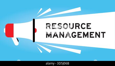 Color megaphone icon with word resource management in white banner on blue background Stock Vector