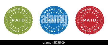 Set of Paid stamps with Thank You text green blue red, vector round business invoice badges with stars Stock Vector