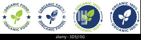 Set of organic food round stamps with leaf icon green and blue, vector 100% natural product quality badges Stock Vector