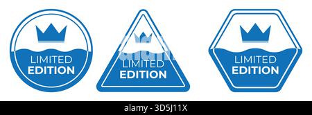 Set of blue Limited Edition badges with crown icon, vector circle triangle and hexagon marketing labels with wave design Stock Vector