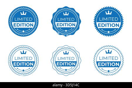 Set of blue Limited Edition round stamps with crown icon, vector marketing badges isolated on white background Stock Vector