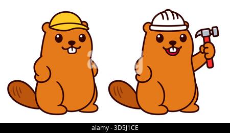 Cute cartoon construction worker beaver, mascot character with yellow cap and hammer and hard hat. Isolated vector clip art illustration. Stock Vector