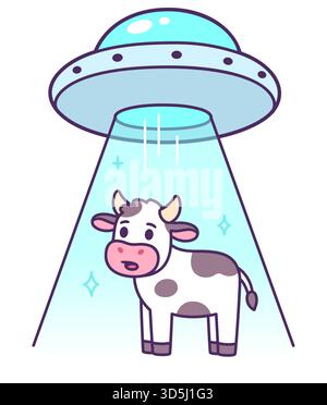 Aliens on flying saucer abduct cow. Funny cartoon UFO drawing, vector illustration. Stock Vector