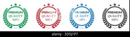 Set of Premium Quality 100% badges with laurel wreath, vector award stamps in green red blue and black Stock Vector