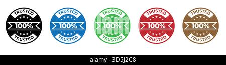 Set of 100% Trusted stamps with ribbon and stars, vector guarantee badges in five colors Stock Vector