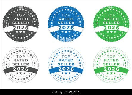 Set of Top Rated Seller 2026 stamps with ribbon, vector marketing badges in black blue and green Stock Vector